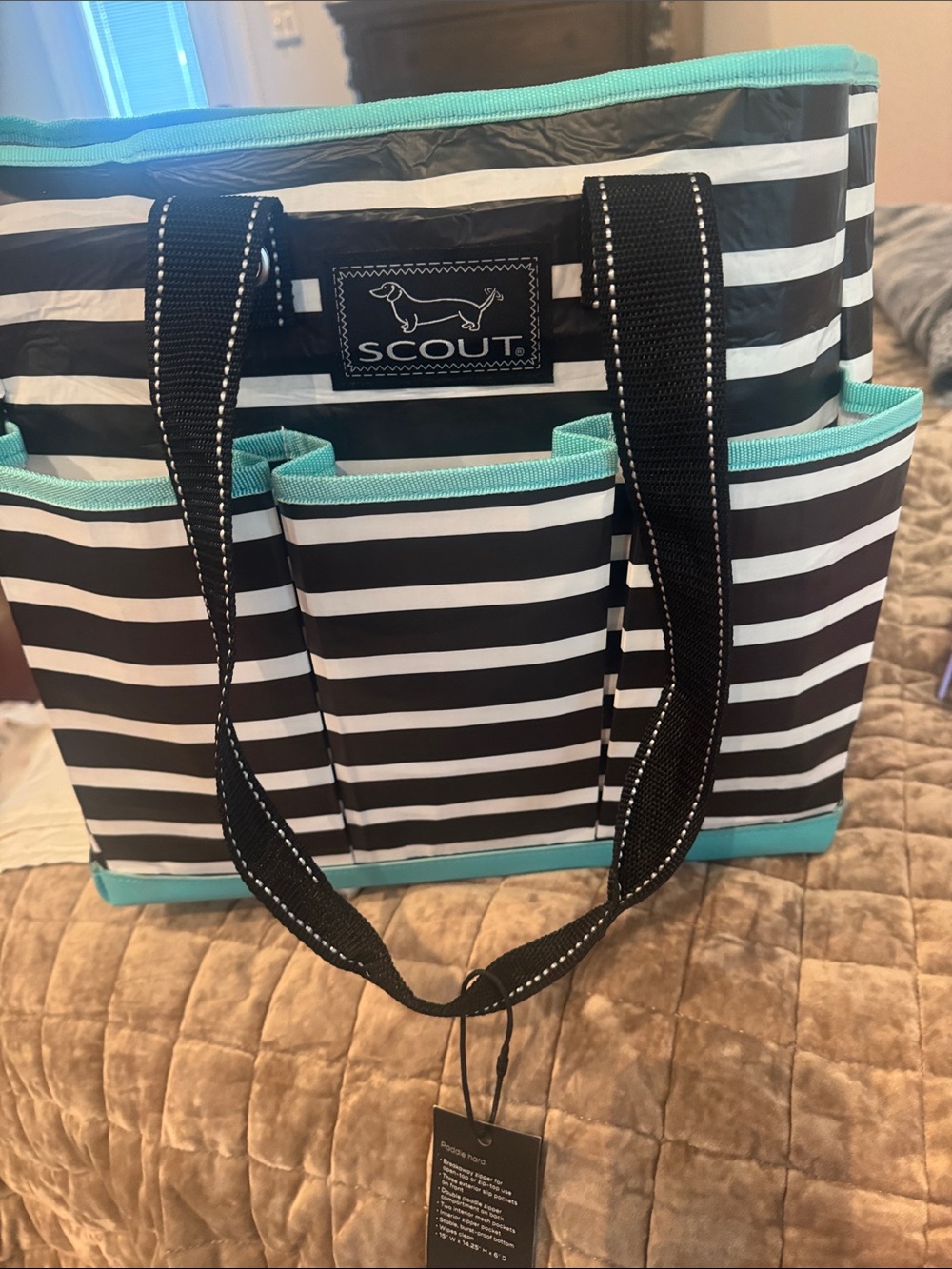 SCOUT Black & White Striped Tote with Aqua Trim
